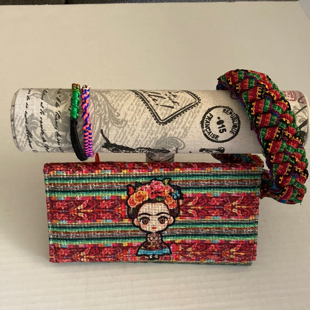 Set of Handmade Frida Kahlo Wallet, Braided Headband and Two Bracelets